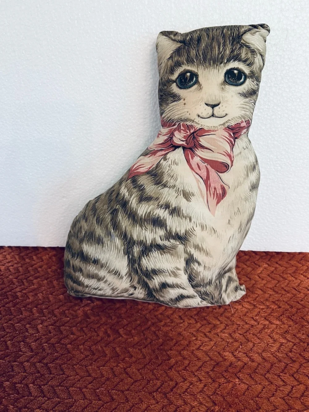 Vintage Tabby Cat Pillow with Pink Bow 1970’s Ithaca Kitty from Sewing Pattern